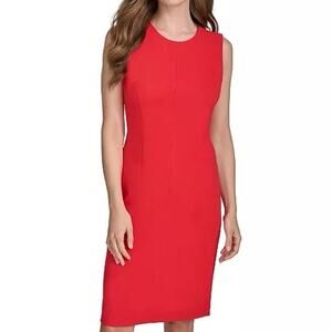 HALSTON Red Sleeveless Scuba Crepe Sheath Dress Gold-Tone Zip Sleeveless - Sz 6